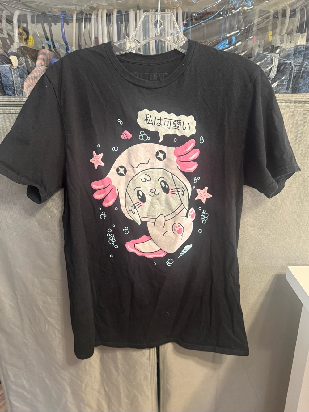 Hot Topic Cute Axolotl Space Cat Graphic Tee - Black with Pink & Cream- Size M